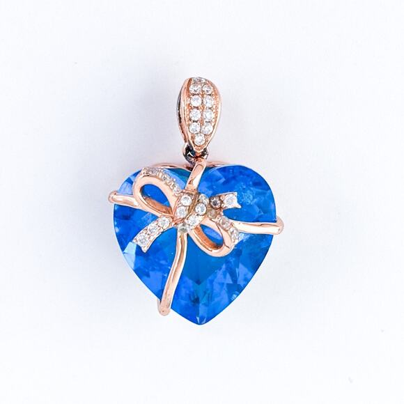 Vintage Jeulia Sterling Silver Rose Gold Tone Blue Cubic Zirconia Heart Pendant - Picture 2 of 7